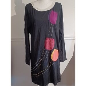 ADRIA MODE Womens Dress Black Hand Sewn Tulips On‎ Dress Organic Cotton Sz XXL